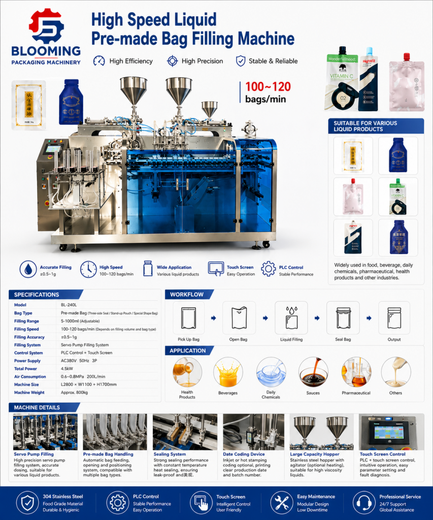 High Speed Liquid Premade Bag Filling Machine